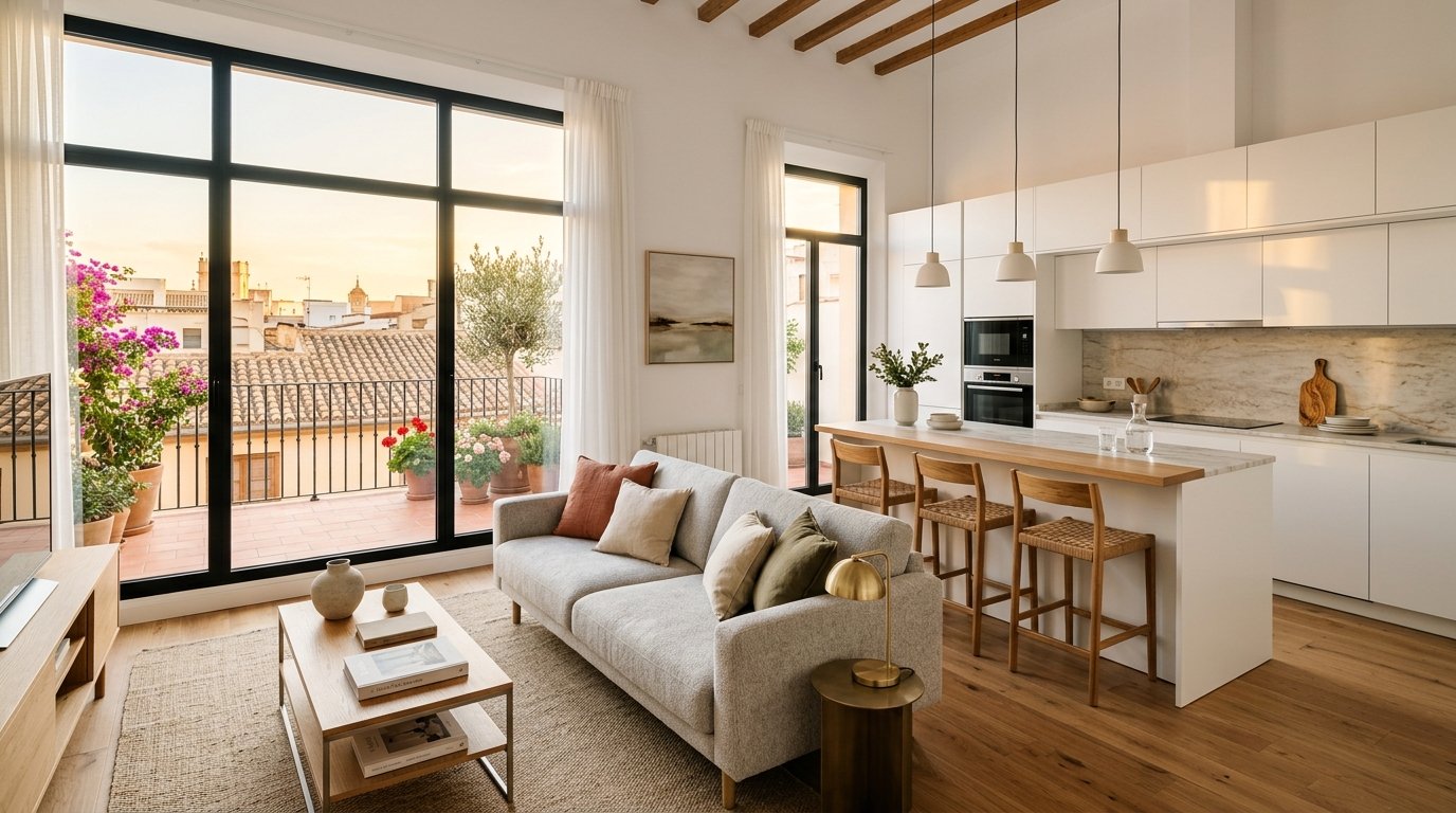 Salón moderno recién reformado en Valencia con luz mediterránea